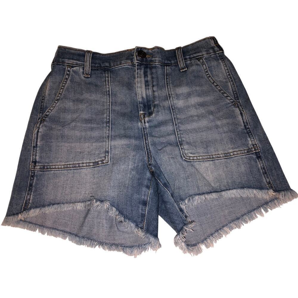 Aerie Jean Shorts Size S Blue Denim Elastic Waist Raw Edge Relaxed Zip Front